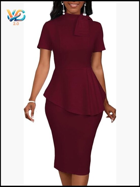 Dresses & Skirts - Fashion Peplum Bodycon Short Sleeve Work Dress Bow Ruffle Pencil Formal Cocktail